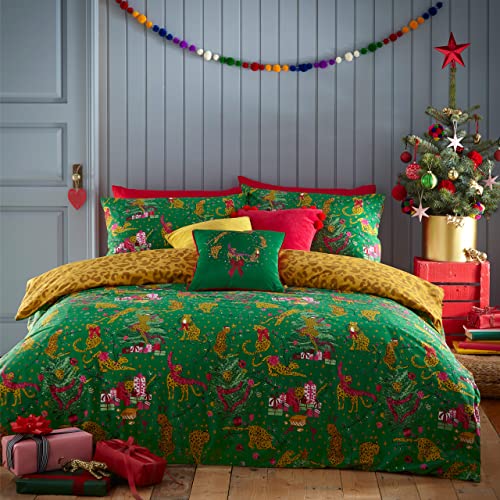 furn. Purrfect Weihnachts-Bettwäsche-Set, für Einzelbett, Baumwolle, Polyester, Grün/Gold von furn.