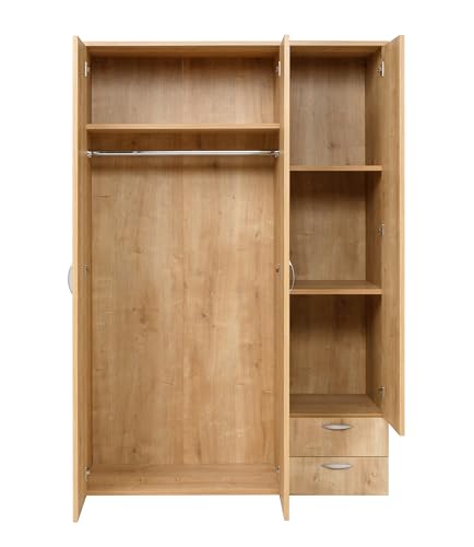 furni24 Kleiderschrank aus Holz 120cm, Garderobenschrank, Mehrzweckschrank, 3-türig mit Haken, 3 Regale und Schubladen, Kleiderbügeln, Saphir Eiche, 120x52x177cm von furni24