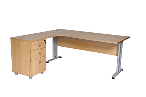 Furni24 Schreibtisch Winkelschreibtisch, Eckschreibtisch, Moderner Bürotisch Computertisch mit großer Arbeitsfläche, Bürotisch, PC Tisch, Dona Buche 180x120x74cm inkl.Beistellcontainer Links gewinkelt von furni24