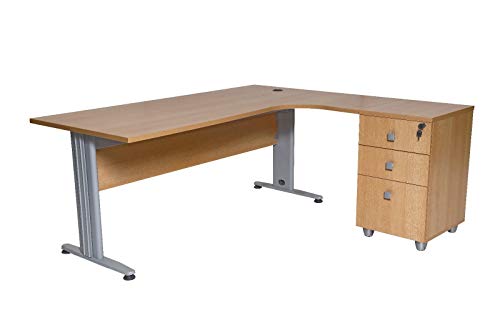 Furni24 Schreibtisch Winkelschreibtisch, Eckschreibtisch, Moderner Bürotisch Computertisch mit großer Arbeitsfläche, Bürotisch,PC Tisch, Dona Buche 180x120x74cm inkl.Beistellcontainer rechts gewinkelt von furni24