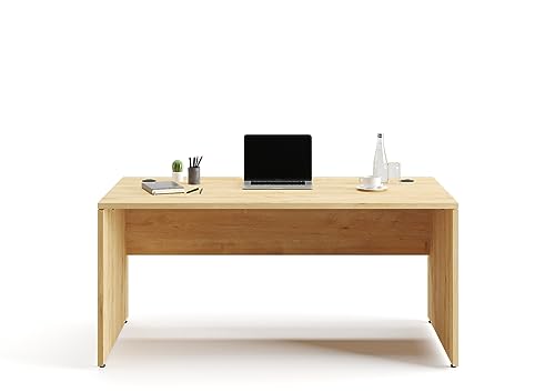 Furni24 Schreibtisch fürs Arbeitszimmer und Home Office - Großer laminierter Computertisch aus Holz, 2 Kabeldurchlässe und mit verstellbarem Metall kabelkanal-Nuvi(Saphir-Eiche,Kabelkanal 160x80x75cm) von furni24