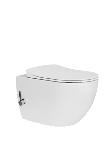 Furni24 Spülrandloses Wand-WC mit Toilettendeckel, integrierten Ventil Hänge Dusch Wc Taharet Bidet Taharat Intimdusche inkl. Slim Soft-Close Deckel, Hänge-WC, Bautiefe ist 50cm, weiß von furni24