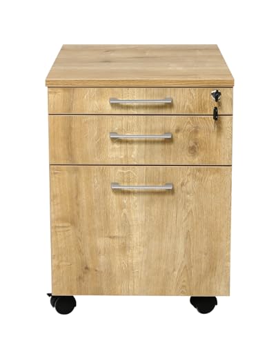 furni24 Rollcontainer, abschließbarer Aktenschrank mit Schubladen, Büroschrank mit Rollen, für Akten und Dokumente, fürs Büro, Schreibtischcontainer Holz, 3 Schübe Eiche, 43x59x57h von furni24