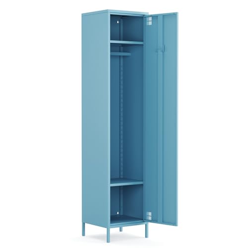 furni24 Metallschrank – Retro Garderobenschrank mit Kleiderstange – Robuste Aufbewahrungslösung mit verstellbaren Ablagen – Ideal für Schlafzimmer, Flur und Büro- Kleiderschrank mit 1 Tür, Blau von furni24