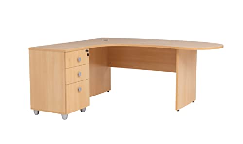 furni24 Schreibtisch Chefschreibtisch Winkeltisch PC Tisch Moderner Bürotisch Computertisch mit großer, Holzbeinen, Arbeitsfläche Gela Buche Dekor Links gewinkelt Ink.Beistellcontainer mit Schubladen von furni24