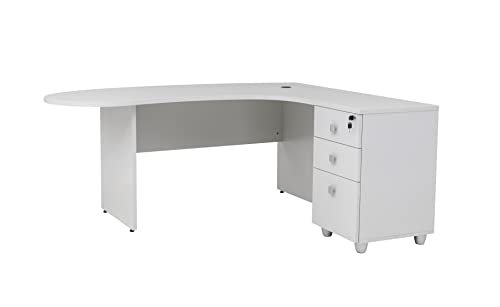 furni24 Schreibtisch Chefschreibtisch Winkeltisch PC Tisch Moderner Bürotisch Computertisch mit großer, Holzbeinen, Arbeitsfläche Gela Grau Dekor rechts gewinkelt Ink.Beistellcontainer mit Schubladen von furni24