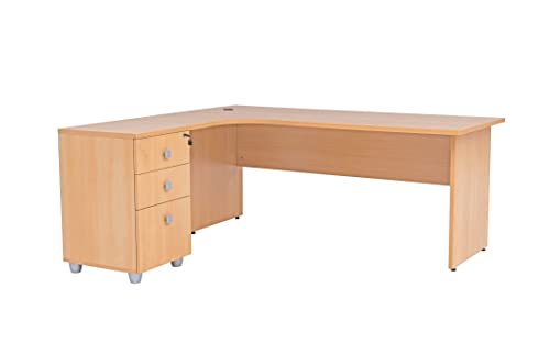 furni24 Schreibtisch Winkelschreibtisch, Eckschreibtisch, Moderner Bürotisch Computertisch mit großer Arbeitsfläche, Holzbeinen, Bürotisch, PC Tisch, Dona Buche inkl.Beistellcontainer Links gewinkelt von furni24