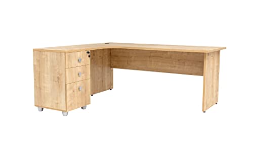 furni24 Schreibtisch Winkelschreibtisch, Eckschreibtisch, Moderner Bürotisch Computertisch mit großer Arbeitsfläche, Holzbeinen, Bürotisch, PC Tisch, Dona Eiche inkl.Beistellcontainer Links gewinkelt von furni24