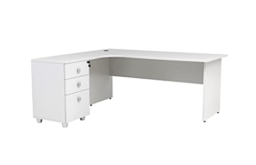 furni24 Schreibtisch Winkelschreibtisch, Eckschreibtisch, Moderner Bürotisch Computertisch mit großer Arbeitsfläche, Holzbeinen, Bürotisch, PC Tisch, Dona Grau inkl. Beistellcontainer Links gewinkelt von furni24