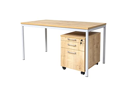 furni24 Schreibtisch und Rollcontainer, rechteckiger Schreibtisch mit Metalluntergestell Höhenausgleichsniveauschrauben, Schreibtisch fürs Heim und Büro, Computertisch, Eiche 140x80x75cm von furni24
