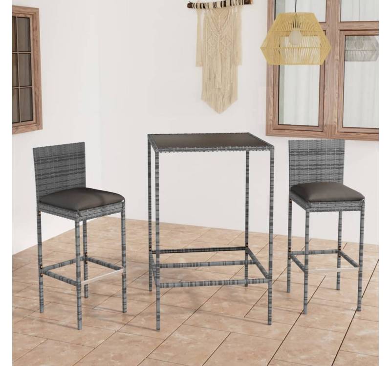 furnicato Bargruppe 3-tlg. Gartenbar-Set mit Kissen Poly Rattan Grau, (1-tlg) von furnicato