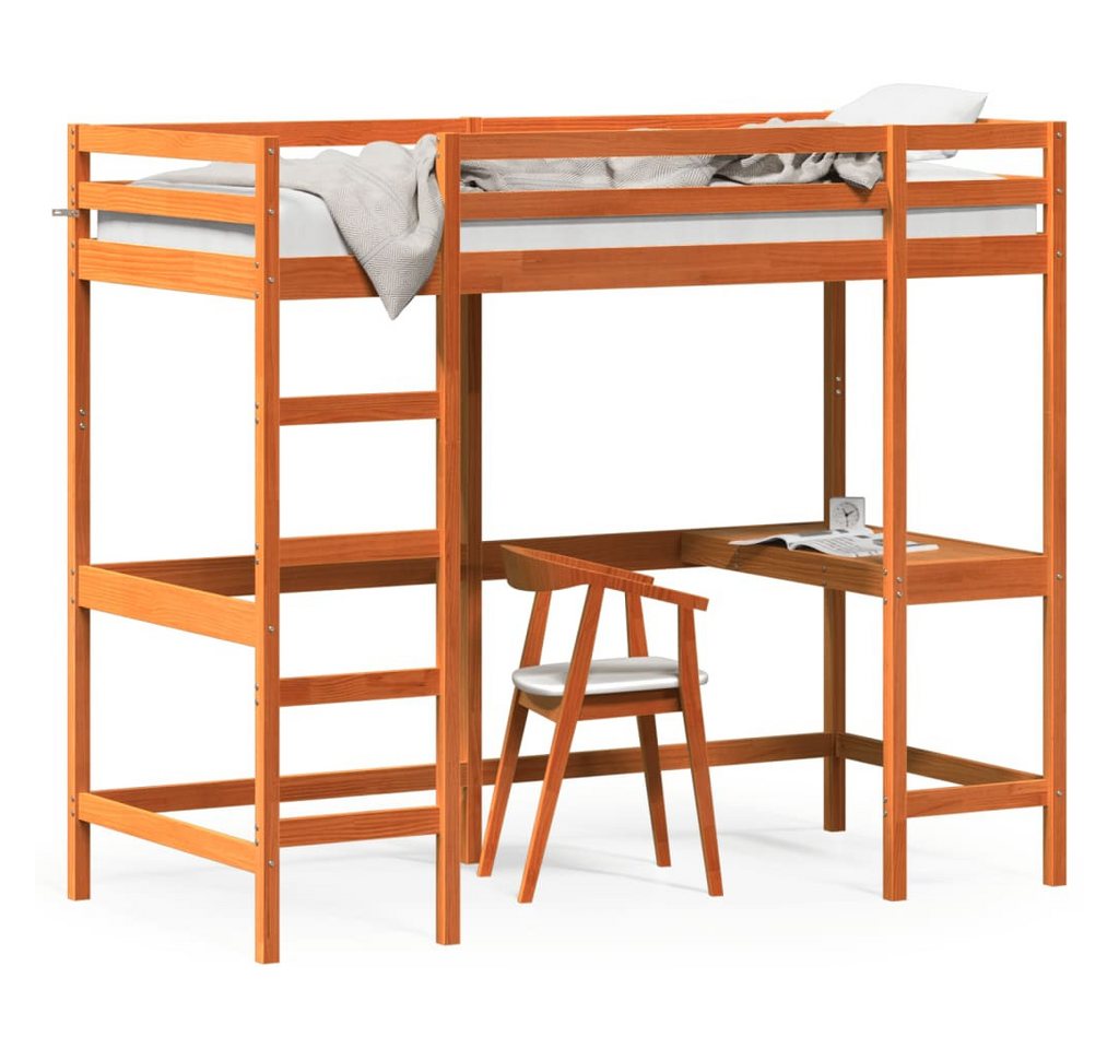 furnicato Bett Hochbett mit Schreibtisch Wachsbraun 90x190cm Massivholz Kiefer (1-tlg) von furnicato