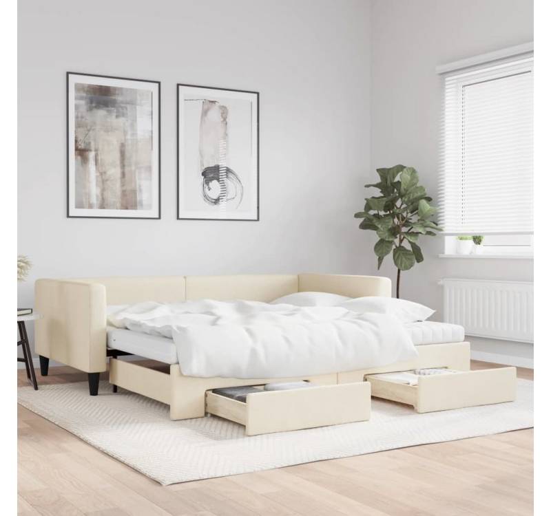 furnicato Bett Tagesbett Ausziehbar mit Schubladen Creme 100x200 cm Stoff von furnicato