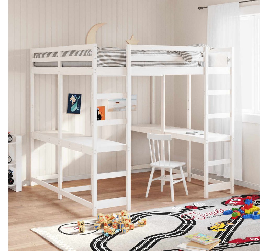 furnicato Bettgestell Hochbett mit Schreibtisch & Leiter Weiß 160x200 cm Kiefernholz von furnicato