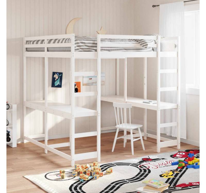 furnicato Bettgestell Hochbett mit Schreibtisch & Leiter Weiß 160x200 cm Kiefernholz von furnicato
