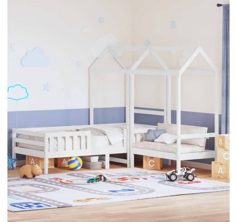 furnicato Bettgestell Massivholzbett und Bank mit Dach Weiß 100x200 cm Kiefernholz von furnicato