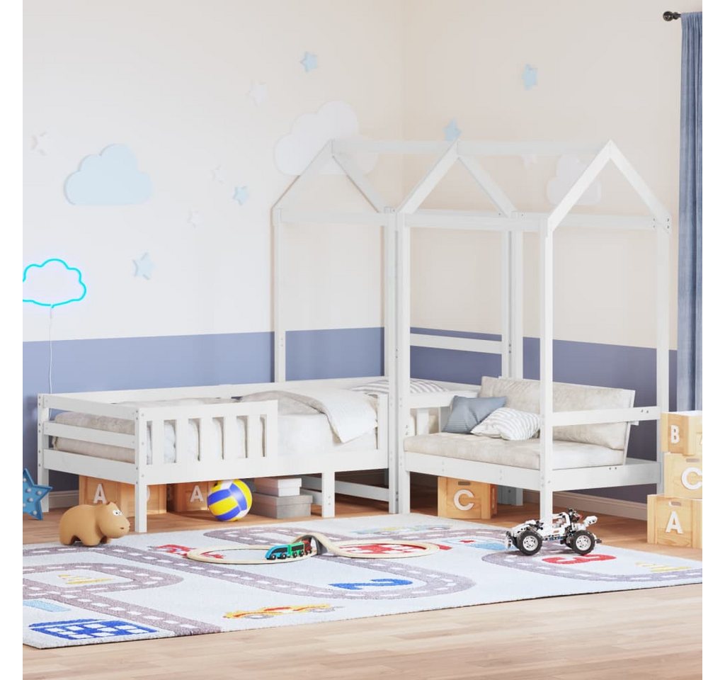 furnicato Bettgestell Massivholzbett und Bank mit Dach Weiß 80x200 cm Kiefernholz von furnicato