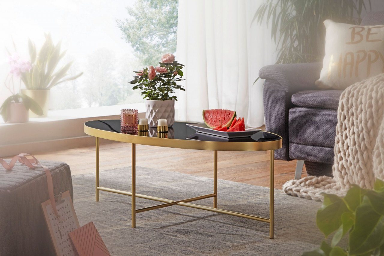 furnicato Couchtisch Design Glas Schwarz - Oval 110 x 56 cm mit Gold Metallgestell Lounge Tisch von furnicato