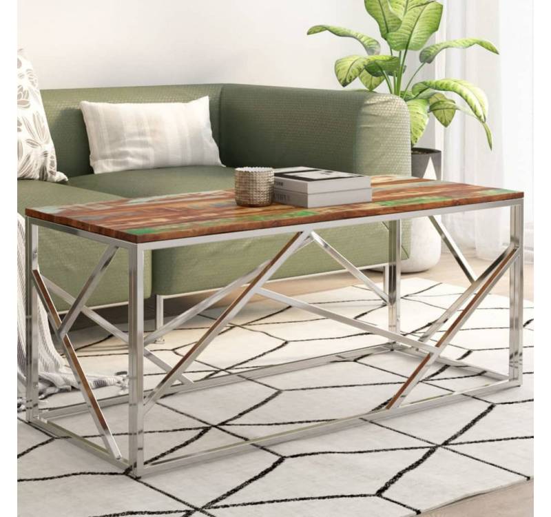 furnicato Couchtisch Silbern Edelstahl und Altholz Massiv (1-St) von furnicato