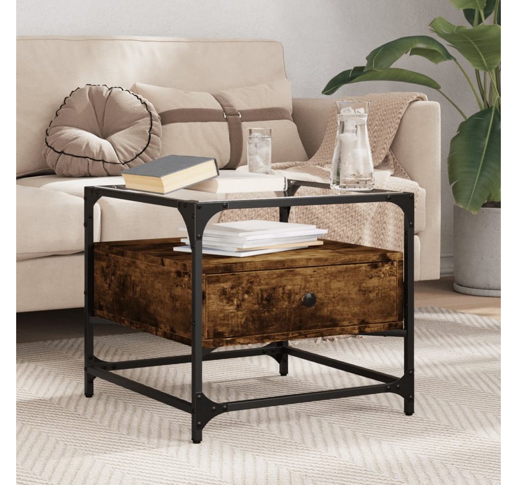 furnicato Couchtisch mit Glasplatte Braun Eichen-Optik 50x50x45 cm Stahl (1-St) von furnicato