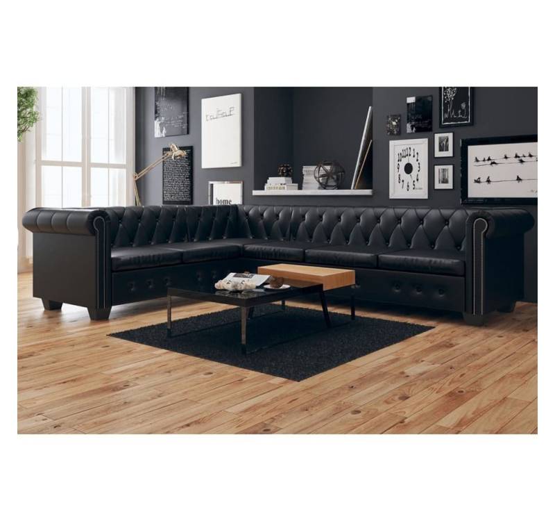 furnicato Ecksofa Chesterfield 6-Sitzer Kunstleder Schwarz von furnicato