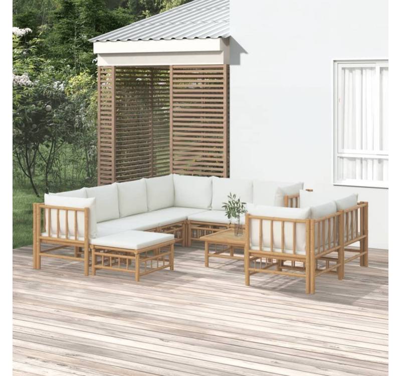 furnicato Garten-Essgruppe 10-tlg. Garten-Lounge-Set mit Cremeweißen Kissen Bambus von furnicato