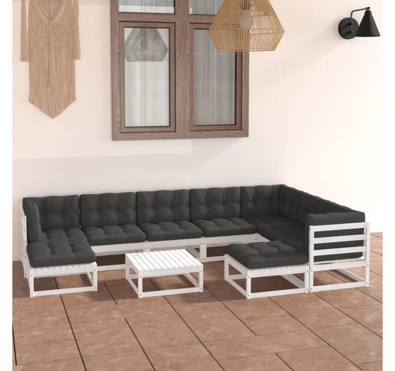 furnicato Garten-Essgruppe 10-tlg. Garten-Lounge-Set mit Kissen Weiß Massivholz Kiefer von furnicato
