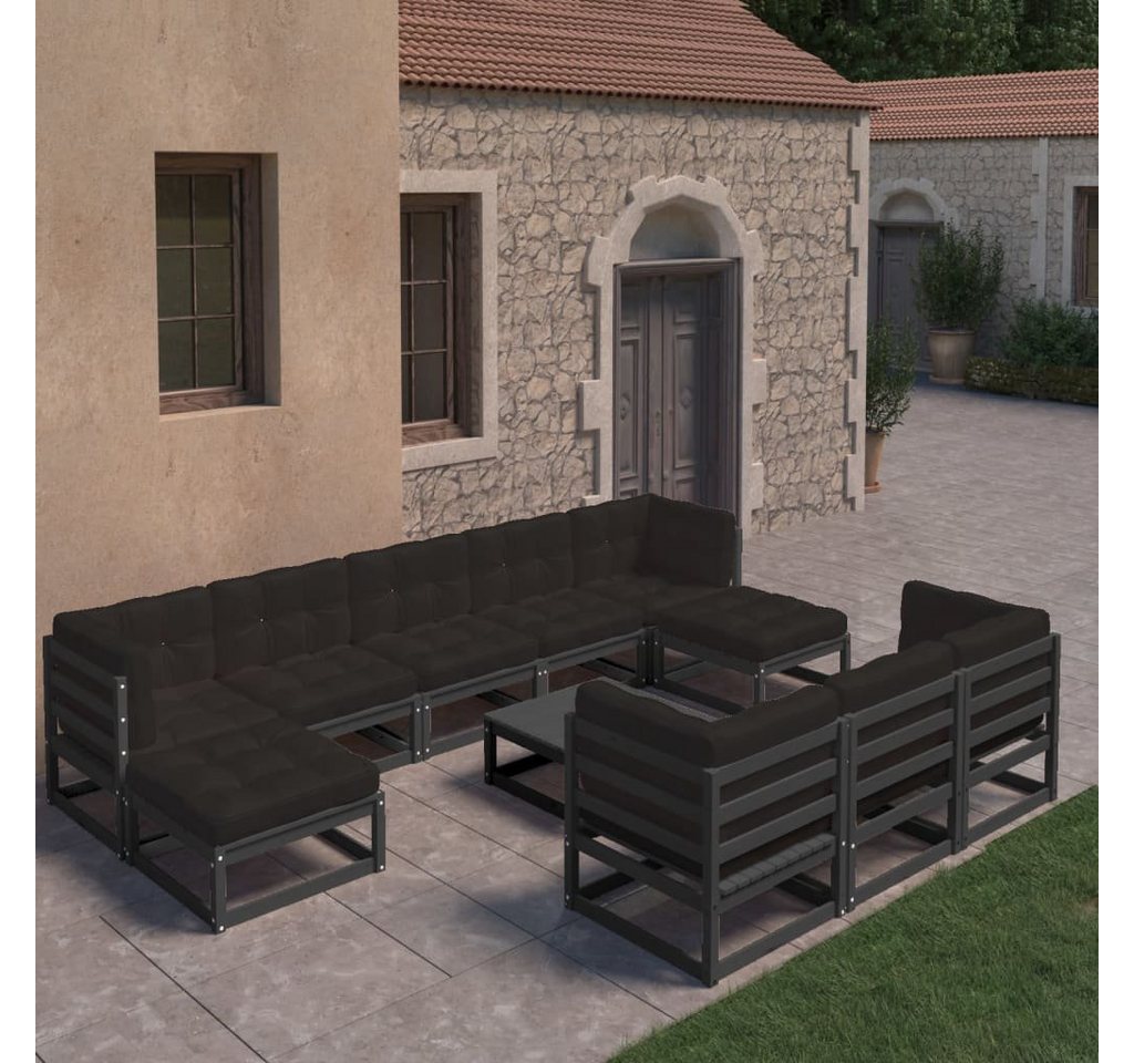 furnicato Garten-Essgruppe 11-tlg. Garten-Lounge-Set mit Kissen Schwarz Kiefer Massivholz von furnicato