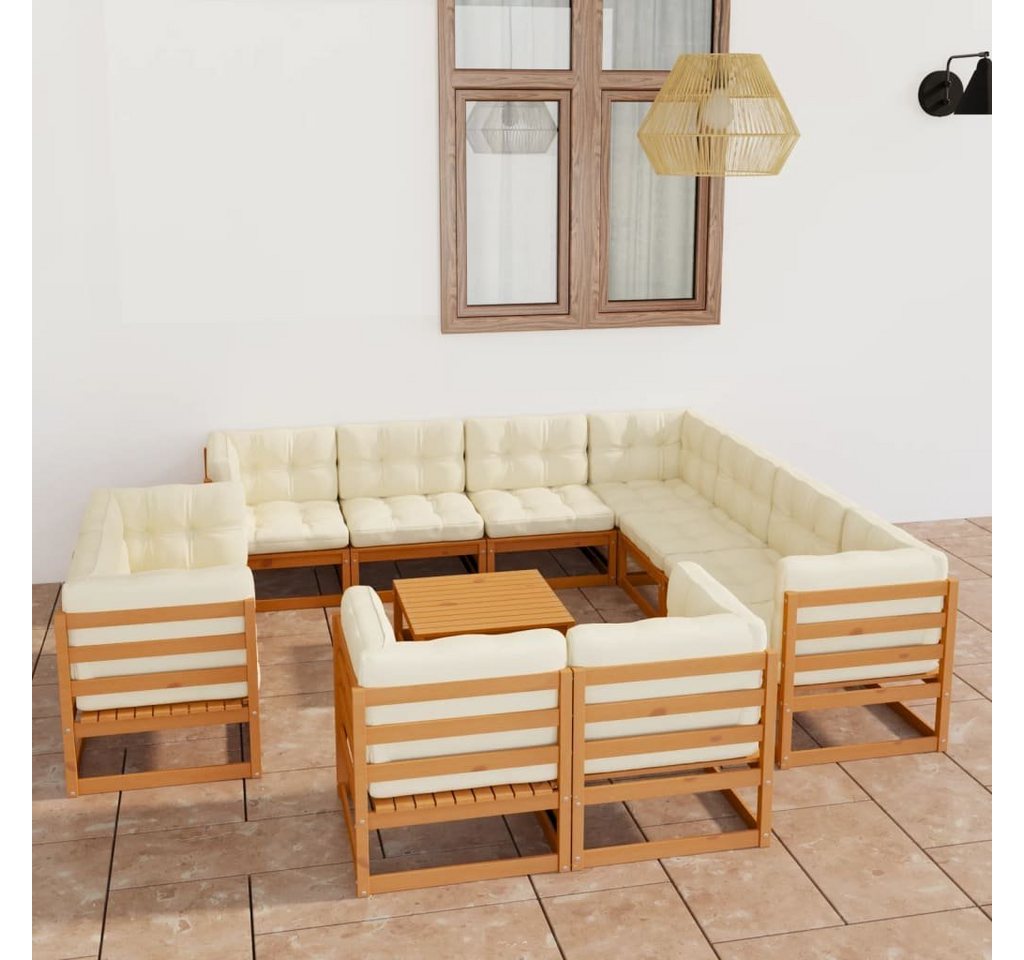 furnicato Garten-Essgruppe 12-tlg. Garten-Lounge-Set mit Kissen Honigbraun Massivholz von furnicato