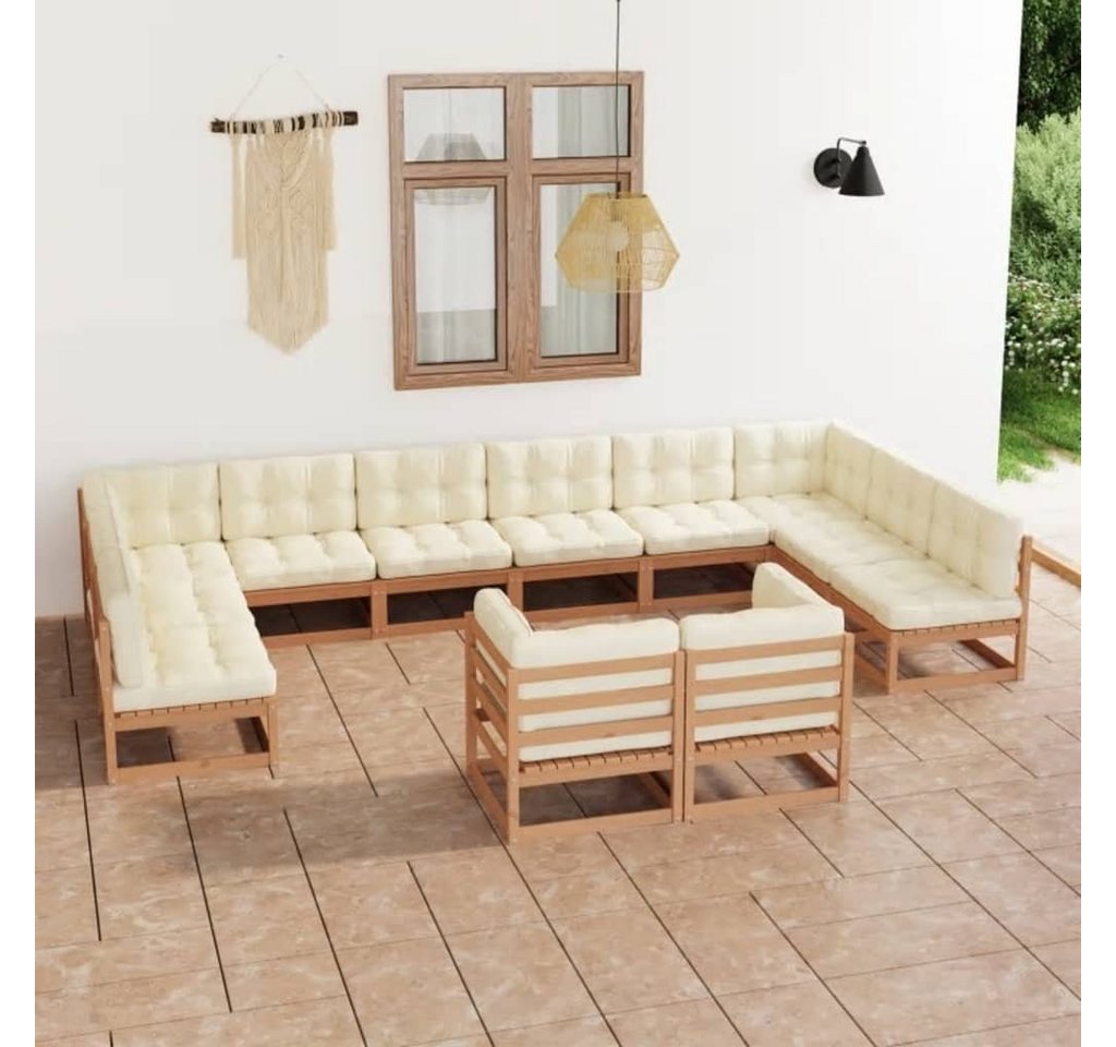 furnicato Garten-Essgruppe 12-tlg. Garten-Lounge-Set mit Kissen Honigbraun Massivholz von furnicato