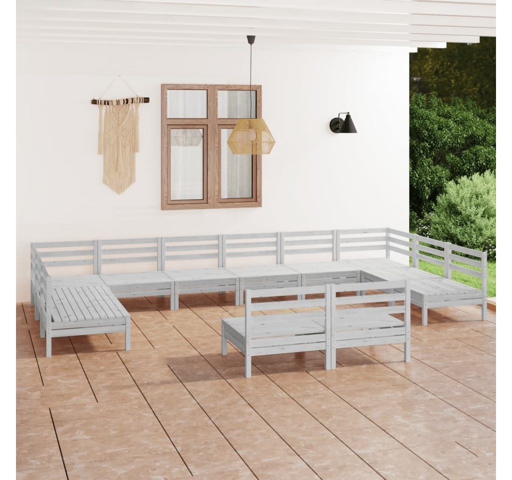 furnicato Garten-Essgruppe 12-tlg. Garten-Lounge-Set Weiß Massivholz Kiefer von furnicato
