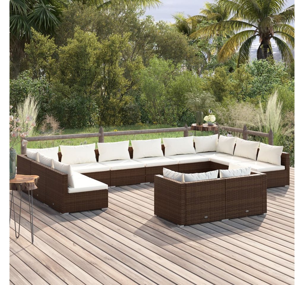 furnicato Garten-Essgruppe 12-tlg. Garten-Lounge-Set mit Kissen Braun Poly Rattan von furnicato