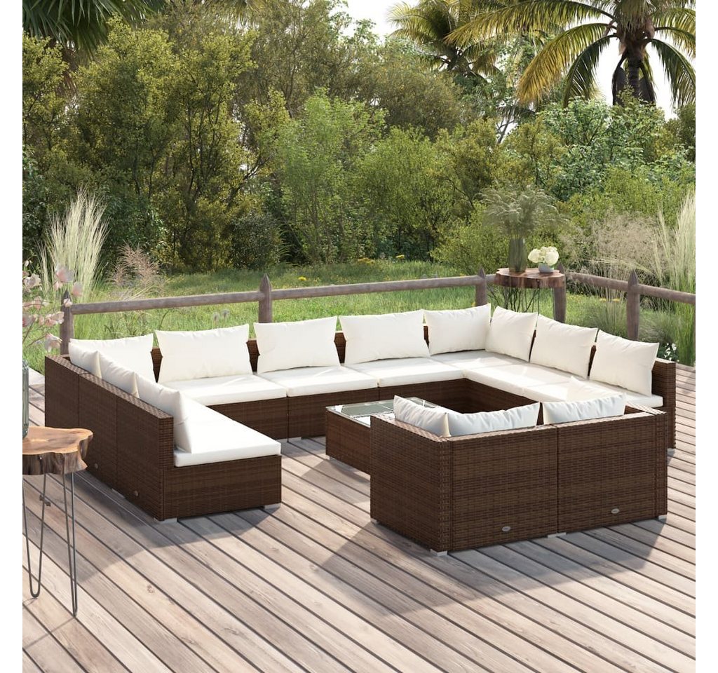 furnicato Garten-Essgruppe 12-tlg. Garten-Lounge-Set mit Kissen Braun Poly Rattan von furnicato