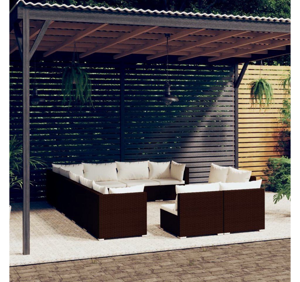 furnicato Garten-Essgruppe 12-tlg. Garten-Lounge-Set mit Kissen Braun Poly Rattan von furnicato