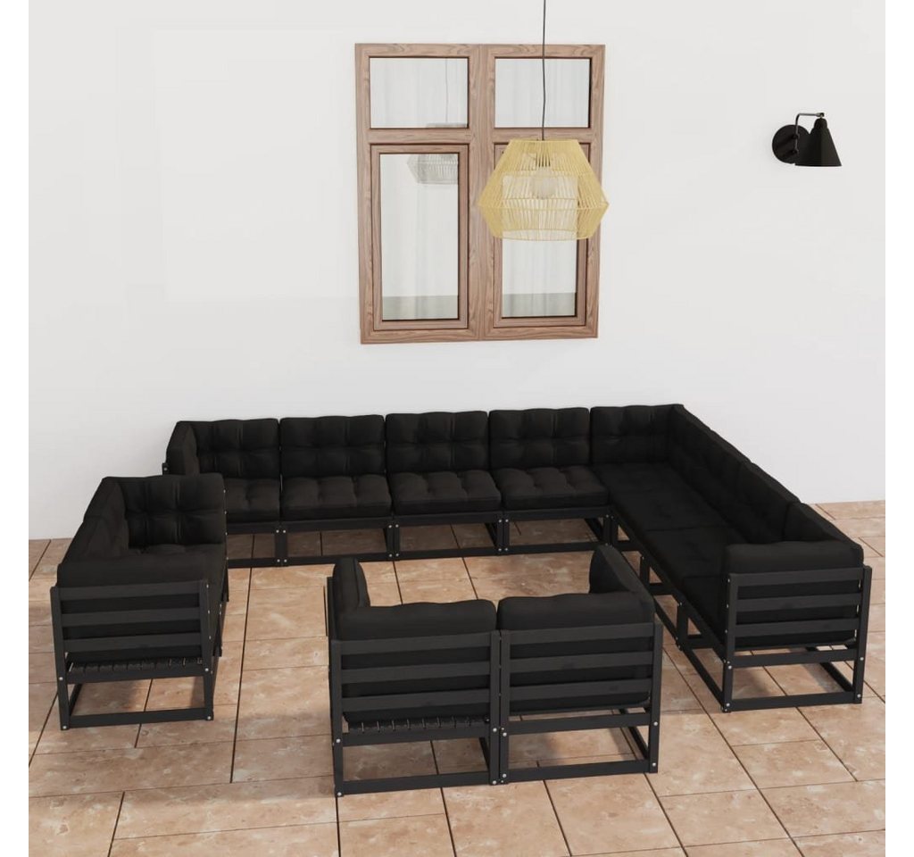 furnicato Garten-Essgruppe 12-tlg. Garten-Lounge-Set mit Kissen Schwarz Massivholz Kiefer von furnicato