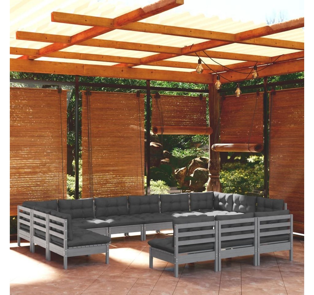 furnicato Garten-Essgruppe 13-tlg. Garten-Lounge-Set mit Kissen Grau Kiefer Massivholz von furnicato