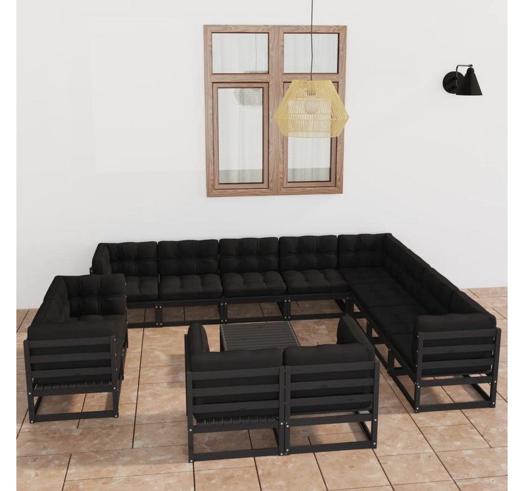 furnicato Garten-Essgruppe 13-tlg. Garten-Lounge-Set mit Kissen Schwarz Massivholz Kiefer von furnicato