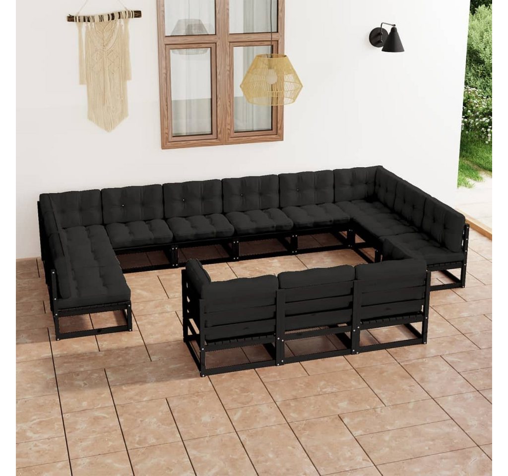 furnicato Garten-Essgruppe 13-tlg. Garten-Lounge-Set mit Kissen Schwarz Massivholz Kiefer von furnicato