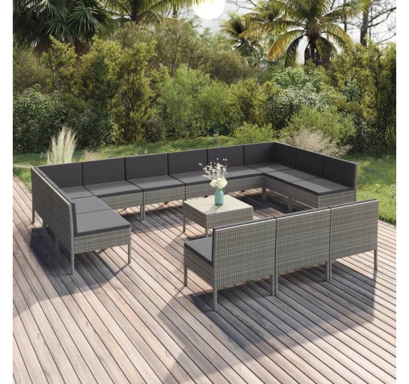 furnicato Garten-Essgruppe 14-tlg. Garten-Lounge-Set mit Auflagen Poly Rattan Grau von furnicato