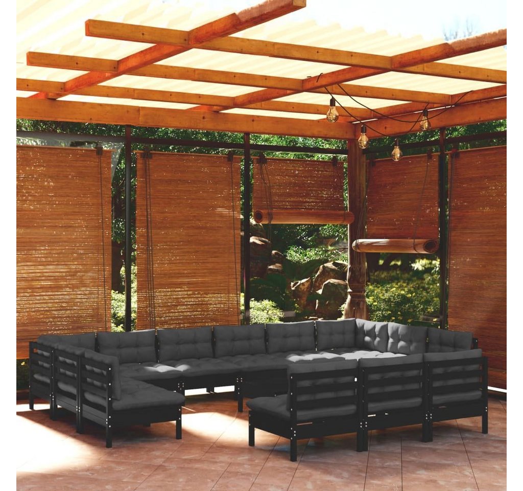 furnicato Garten-Essgruppe 14-tlg. Garten-Lounge-Set mit Kissen Schwarz Massivholz Kiefer von furnicato