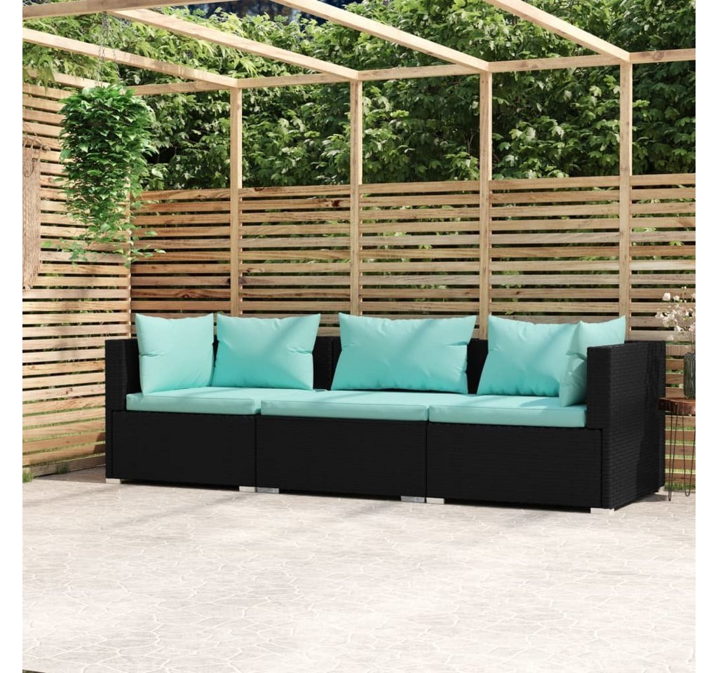 furnicato Garten-Essgruppe 3-Sitzer-Sofa mit Auflagen Schwarz Poly Rattan von furnicato