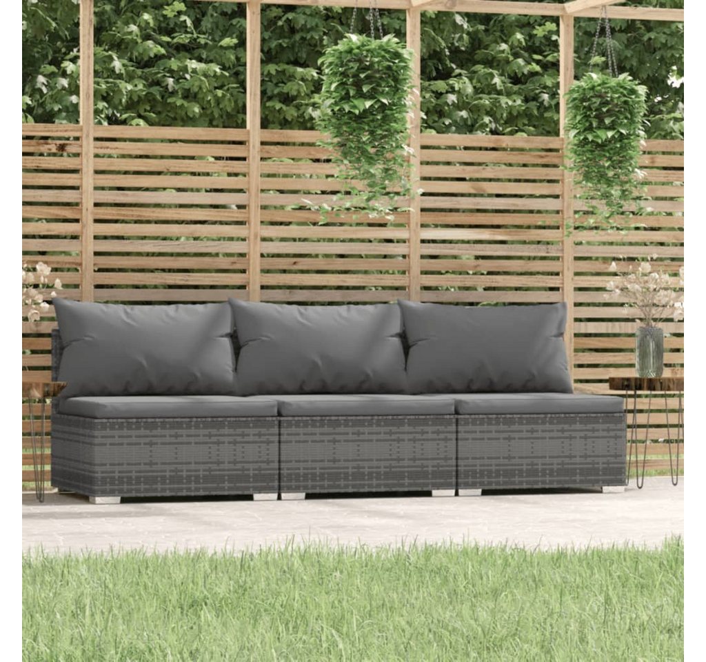 furnicato Garten-Essgruppe 3-Sitzer-Sofa mit Kissen Grau Poly Rattan von furnicato