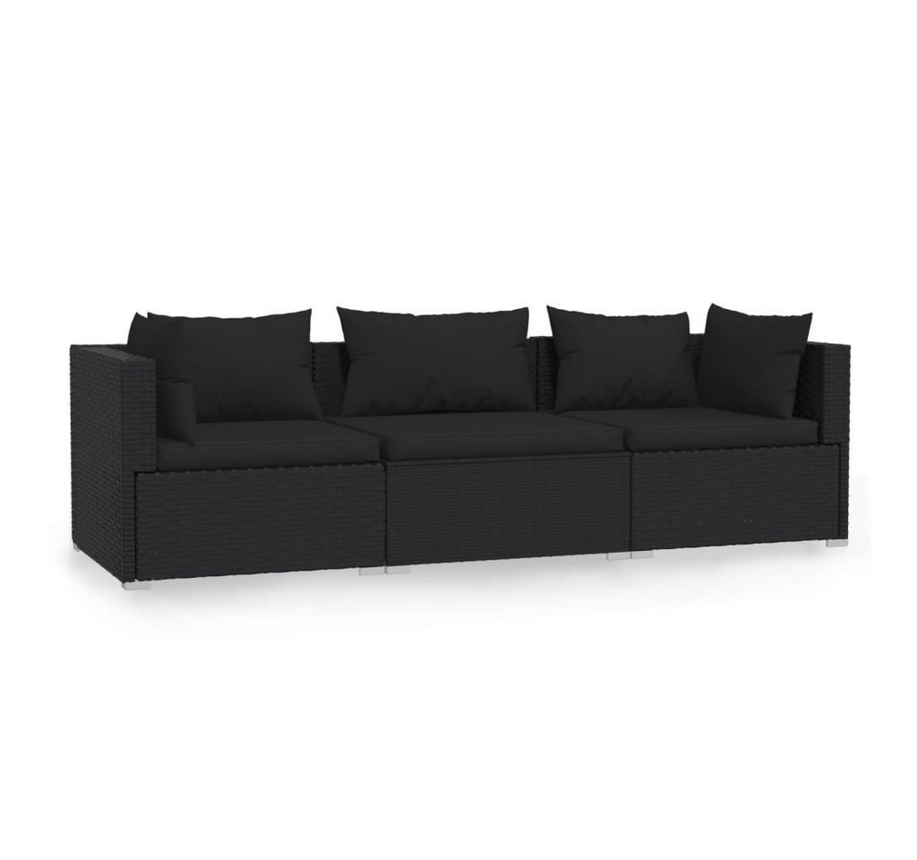 furnicato Garten-Essgruppe 3-Sitzer-Sofa mit Kissen Schwarz Poly Rattan, (1-tlg) von furnicato
