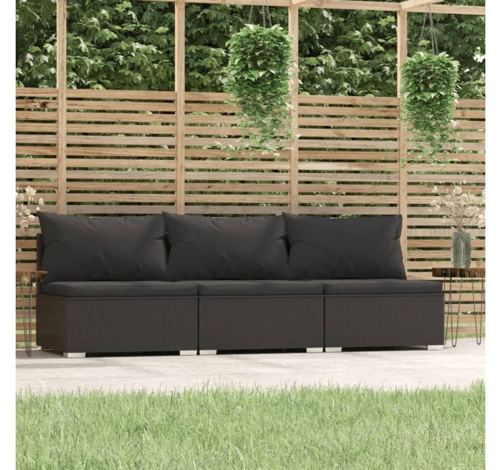 furnicato Garten-Essgruppe 3-Sitzer-Sofa mit Kissen Schwarz Poly Rattan von furnicato