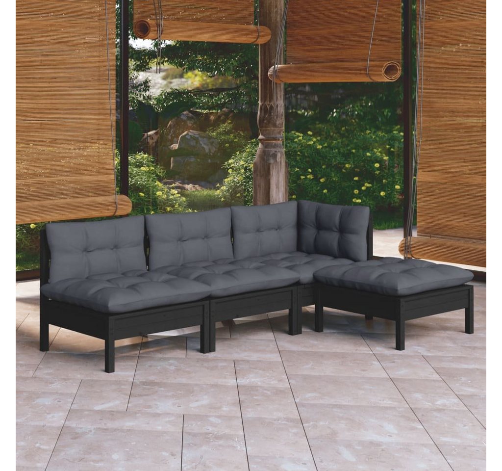 furnicato Garten-Essgruppe 4-tlg. Garten-Lounge-Set mit Kissen Schwarz Kiefernholz von furnicato