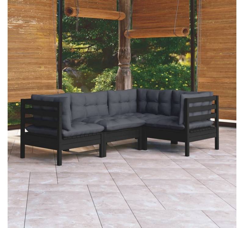 furnicato Garten-Essgruppe 4-tlg. Garten-Lounge-Set mit Kissen Schwarz Kiefernholz von furnicato