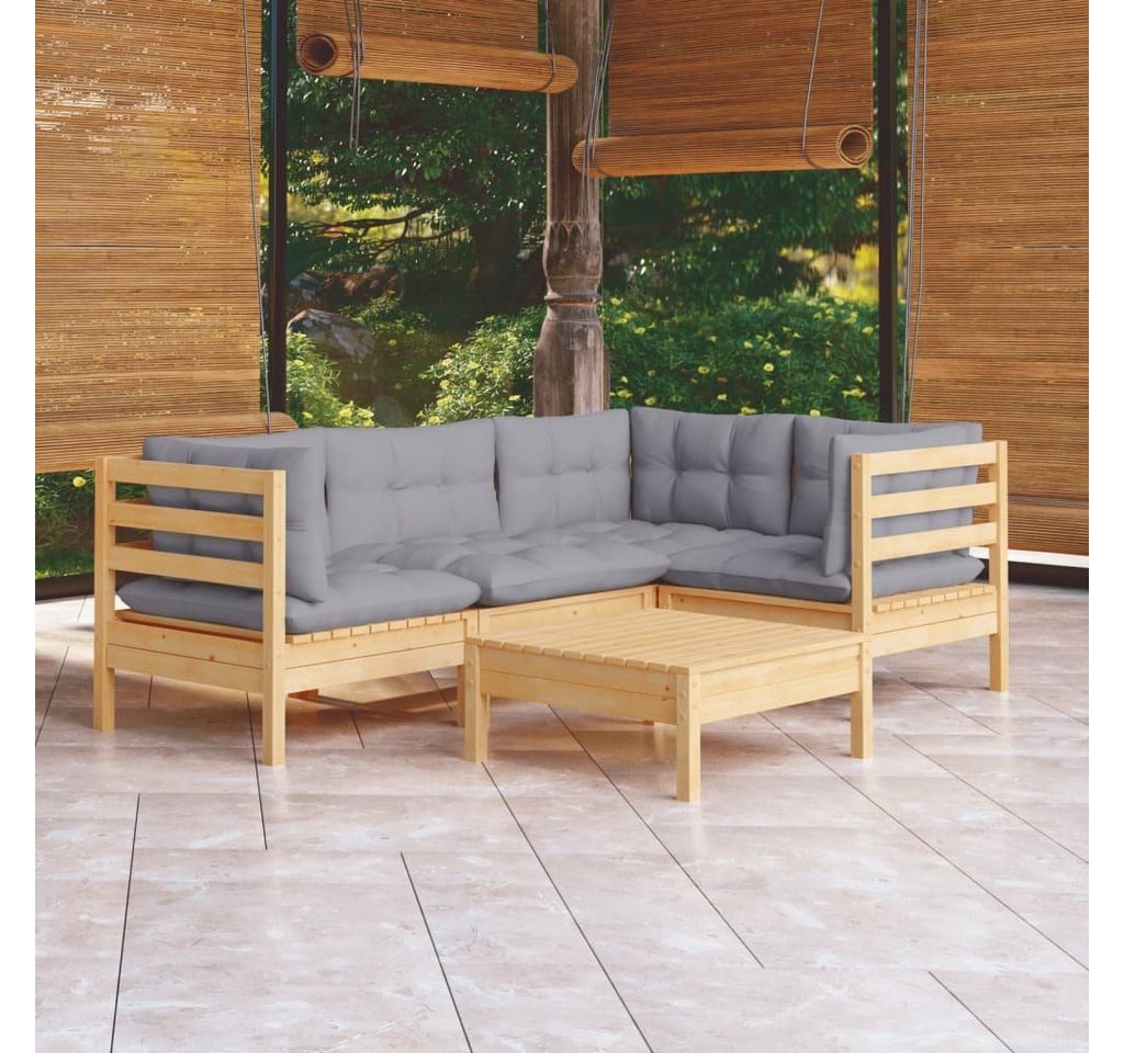 furnicato Garten-Essgruppe 5-tlg. Garten-Lounge-Set mit Grauen Kissen Kiefernholz von furnicato