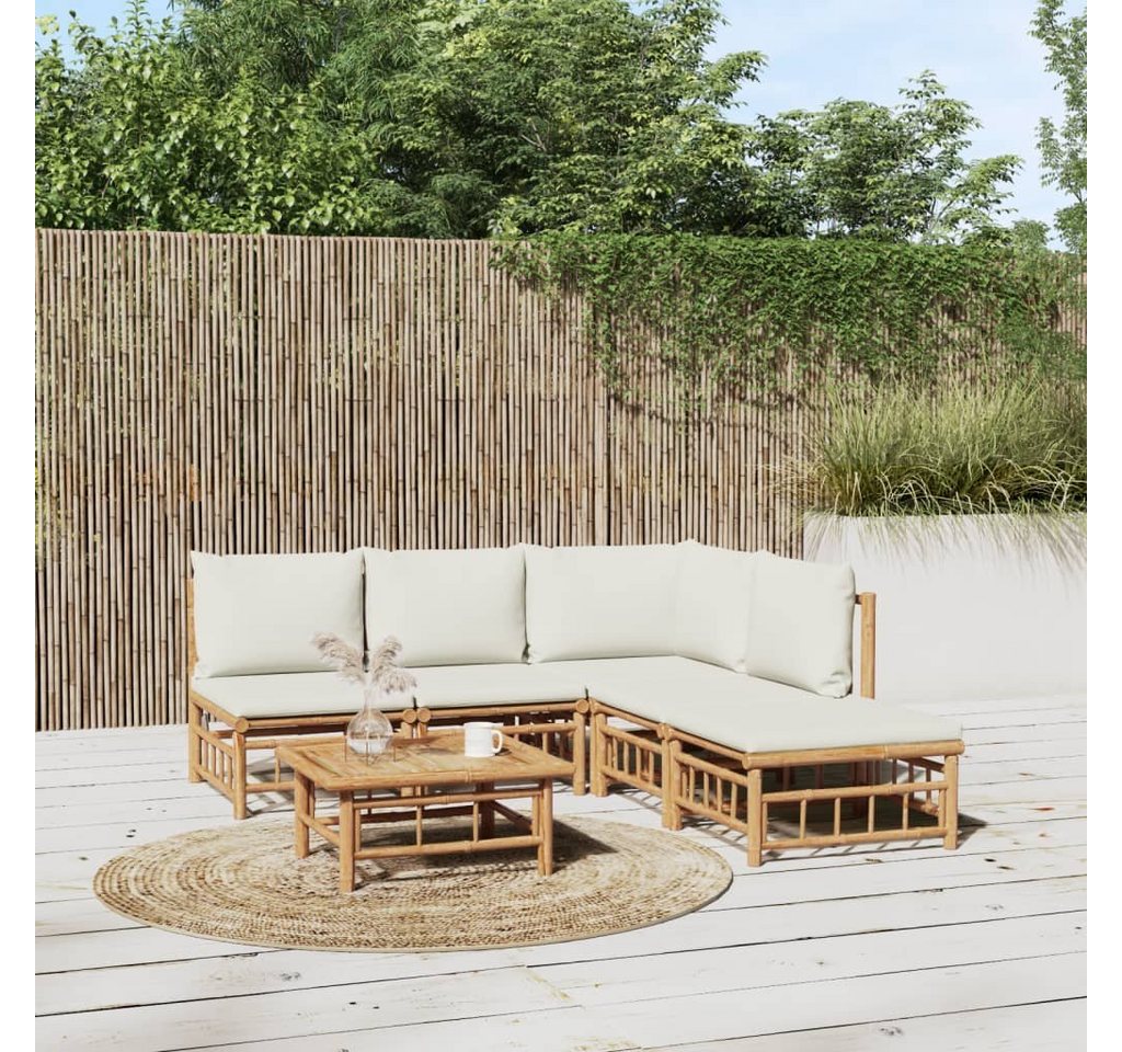 furnicato Garten-Essgruppe 6-tlg. Garten-Lounge-Set mit Cremeweißen Kissen Bambus von furnicato