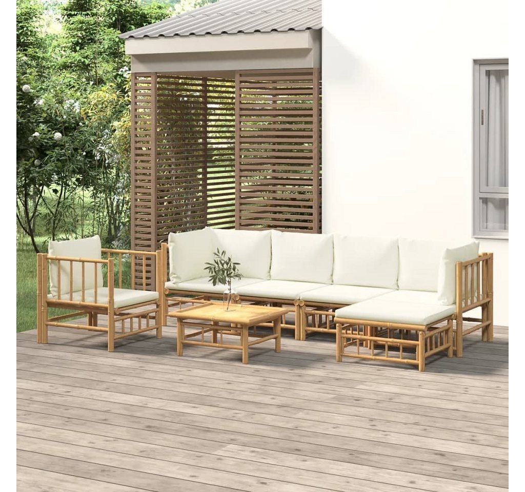 furnicato Garten-Essgruppe 7-tlg. Garten-Lounge-Set mit Cremeweißen Kissen Bambus von furnicato