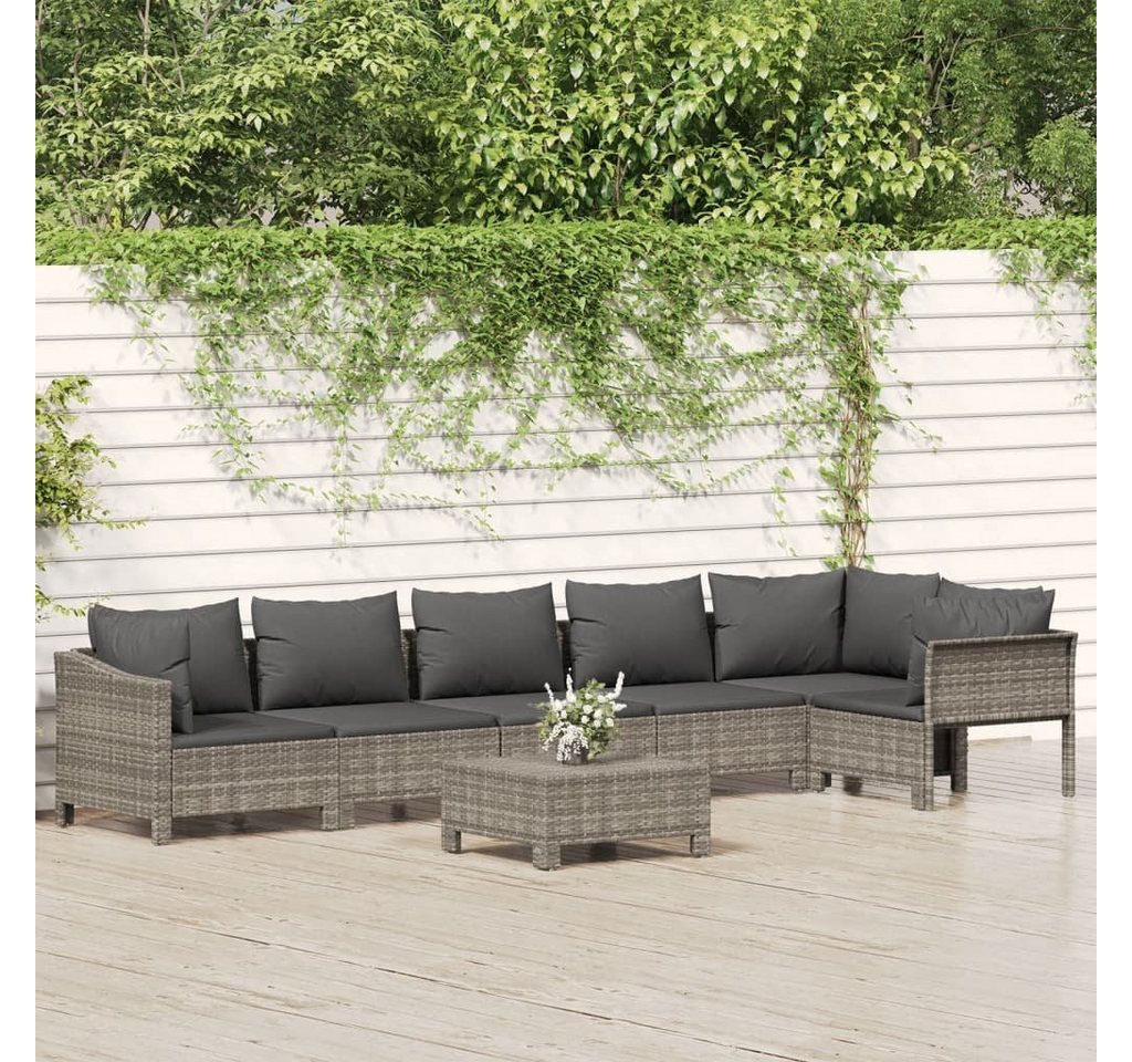 furnicato Garten-Essgruppe 7-tlg. Garten-Lounge-Set mit Kissen Grau Poly Rattan von furnicato